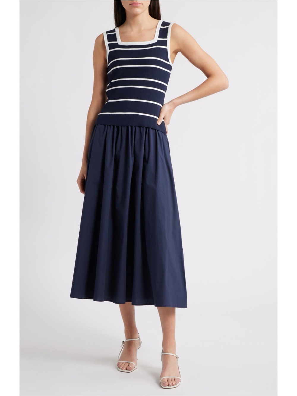 Zoe and Claire Mixed Media Sleeveless Midi Dress in Navy Blue and White - Picture 2 of 11